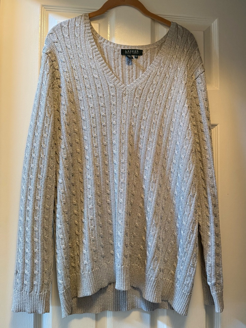 LAUREN RALPH LAUREN Metallic V Neck Cable Neck Sweater-3X